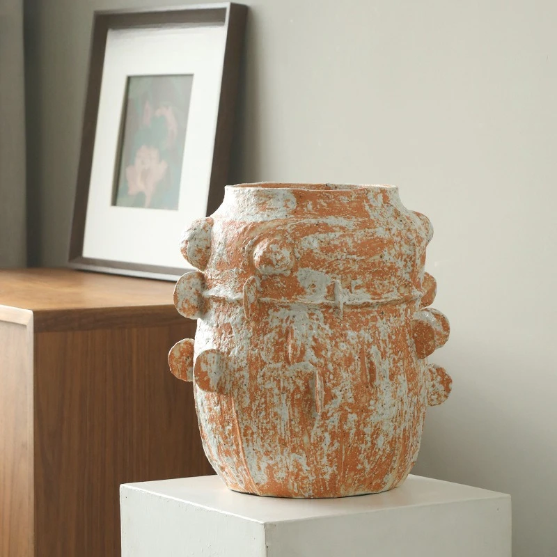 Wabi-sabi wind, ceramic flower ware design, earth pottery pot ornament, living room floor-to-ceiling retro creation
