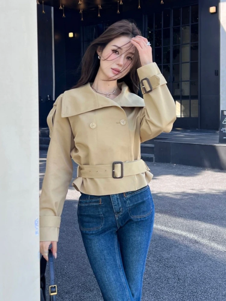 

Новая женская куртка-пальто на весну-осень 2026 в стиле ретро с двойными пуговицами, воротником-стойкой, цвета хаки, укороченная, приталенная, с зауженной талией