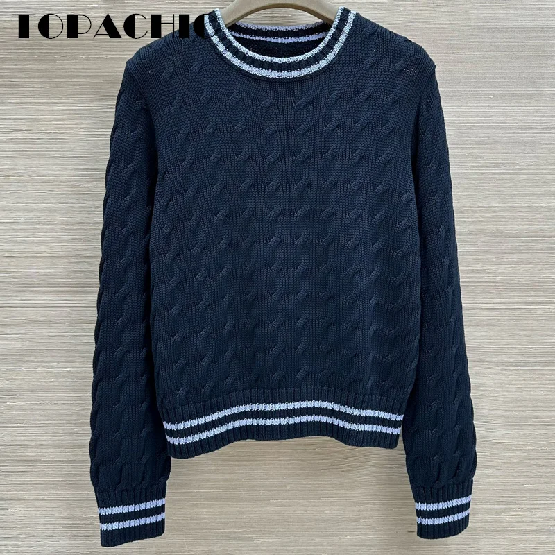 

7.25 TOPACHIC-Women's Cotton Knit Jumpers For Versatile Fashion Twist Flower Striped Spliced Color O-Neck Long Sleeve Sweater