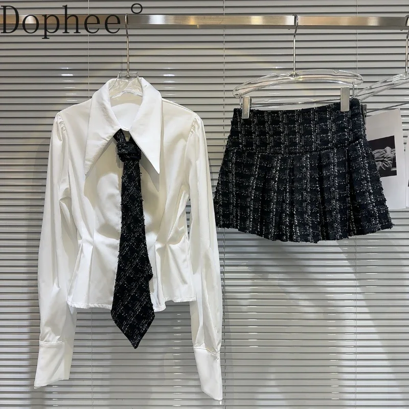 

2025 New Spring Autumn Women Two-piece Set Elegant Necktie Long Sleeve White Blouse + Tweeds A-line Short Skirt Female Suits