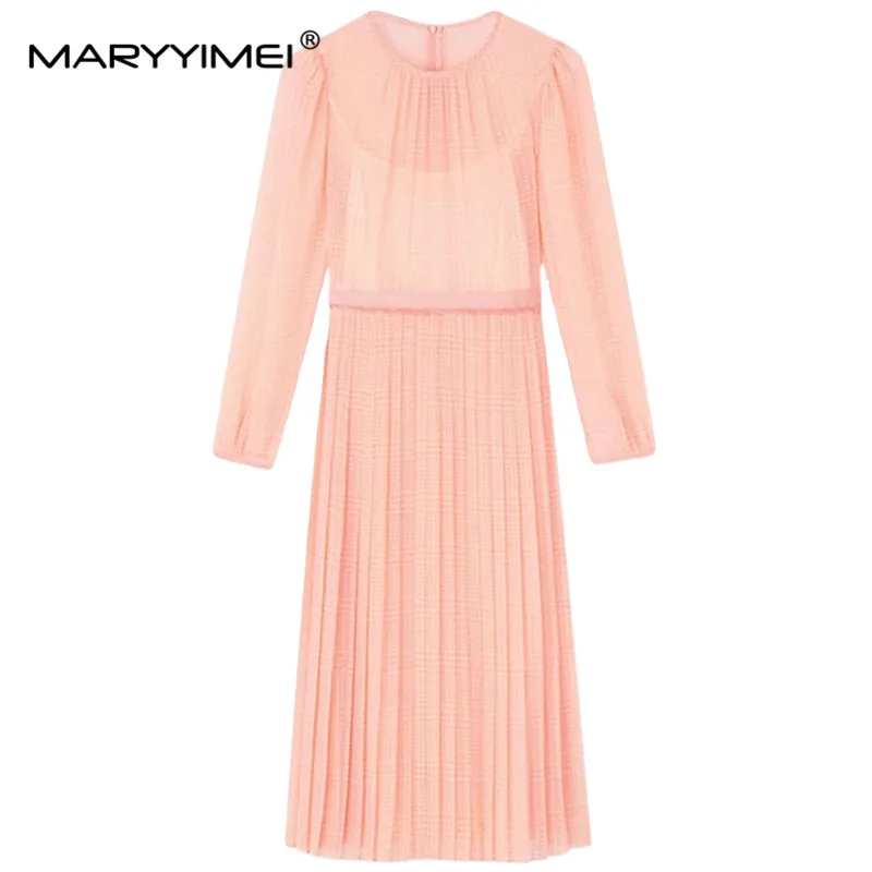 MARYYIMEI New Fashion Runway Dress Designer Women's Round Collar Long Sleeve High Waist Slim Elegant Pink Pleated Long Dress