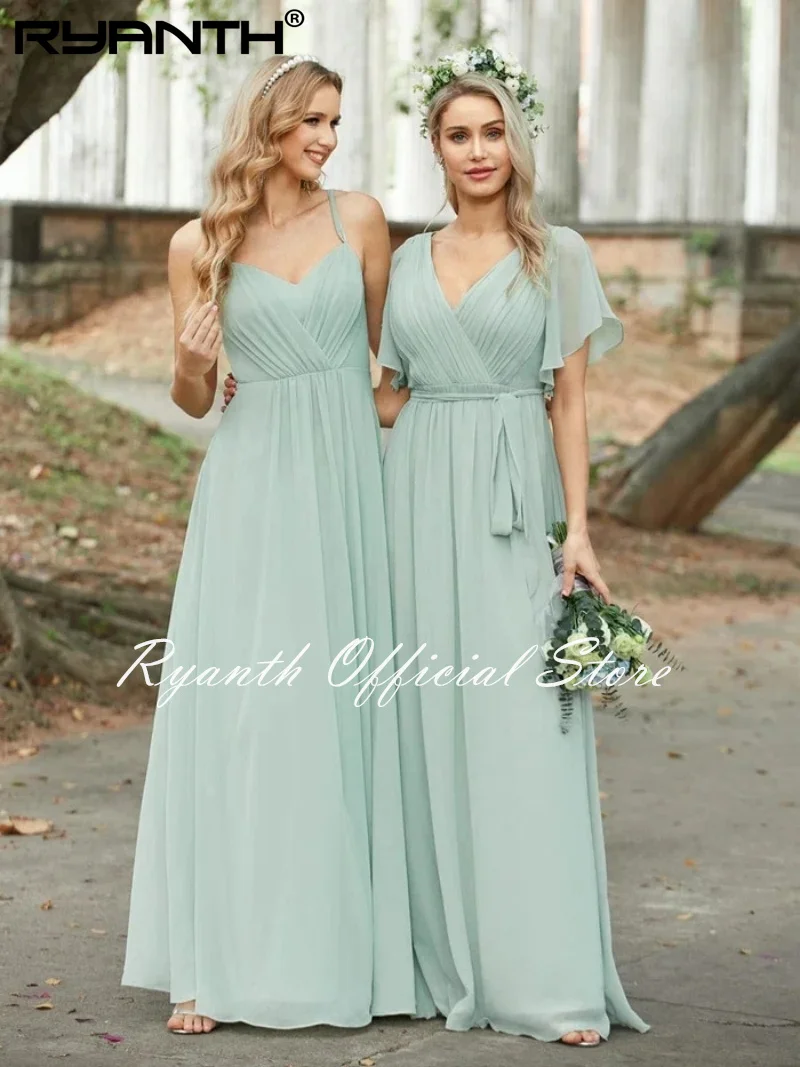 Ryanth Simple Ruffles Bridesmaid Dresses Elegant Chiffon Wedding Party Gown V-Neck Floor-Length Waist Lace-Up Vestidos Para Boda