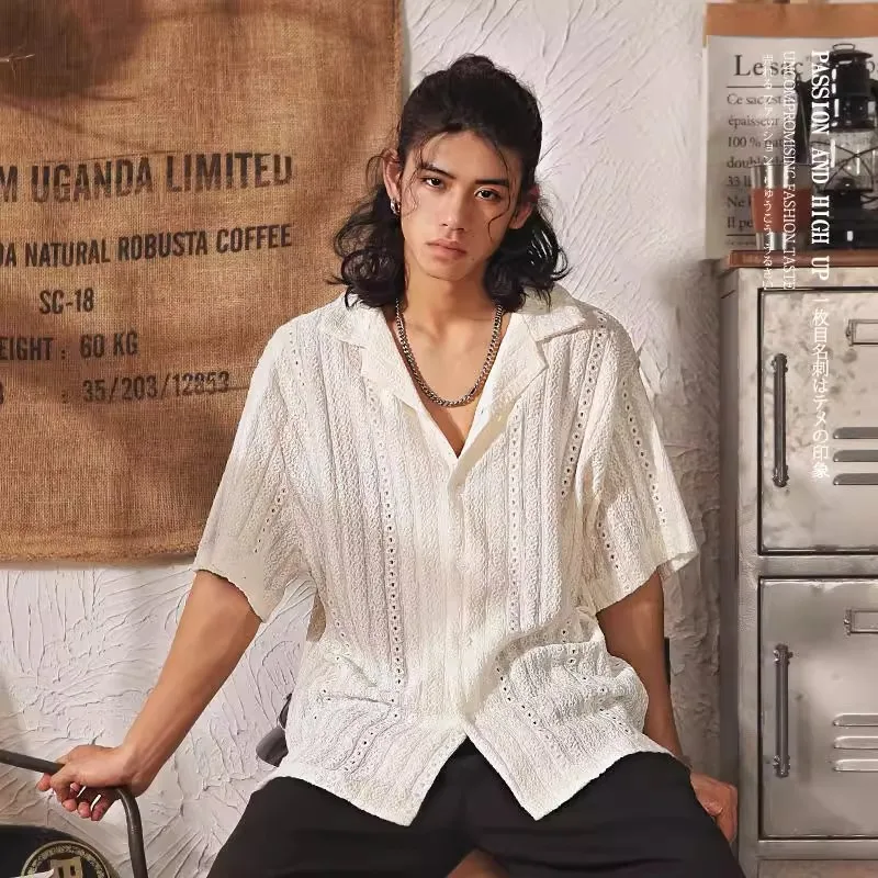 2026 Summer New Men's Luxury Hollow Out Cuban Collar Short Sleeve Shirt Loose Casual Retro Half Sleeve Button Down Blouse Top