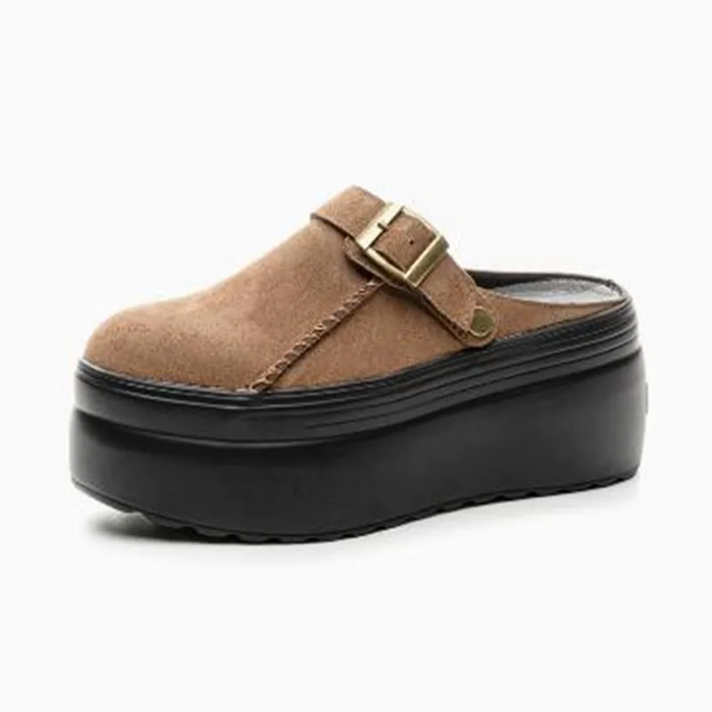 8CM Suede Genuine Leather Round Toe 2026 Luxury Slipper Women Spring Summer Platform Flats Wedge Slippers Fashion Autumn Shoes