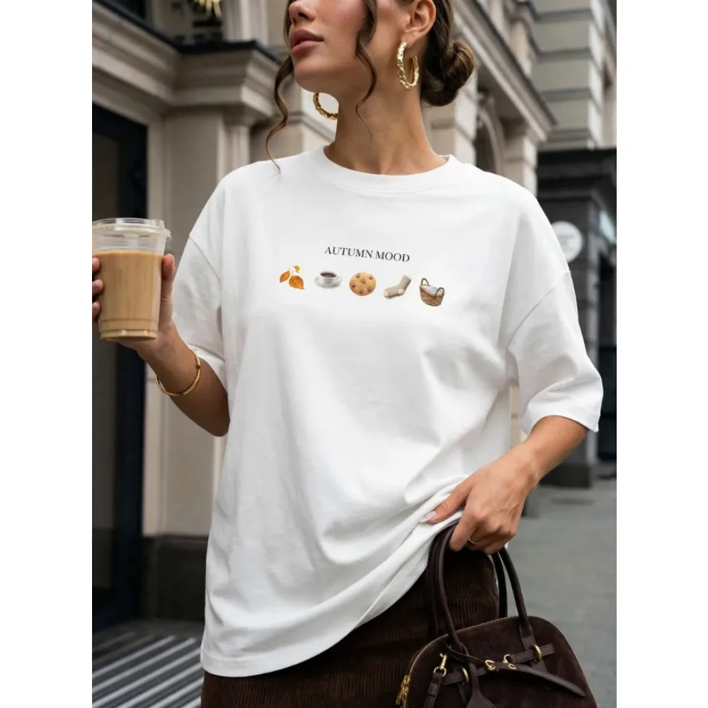 Women Oversized Hoodie Autumn Mood Coffee Cookie Leaf Graphic Print Pullover Drawstring Hood With Kangaroo Pocket