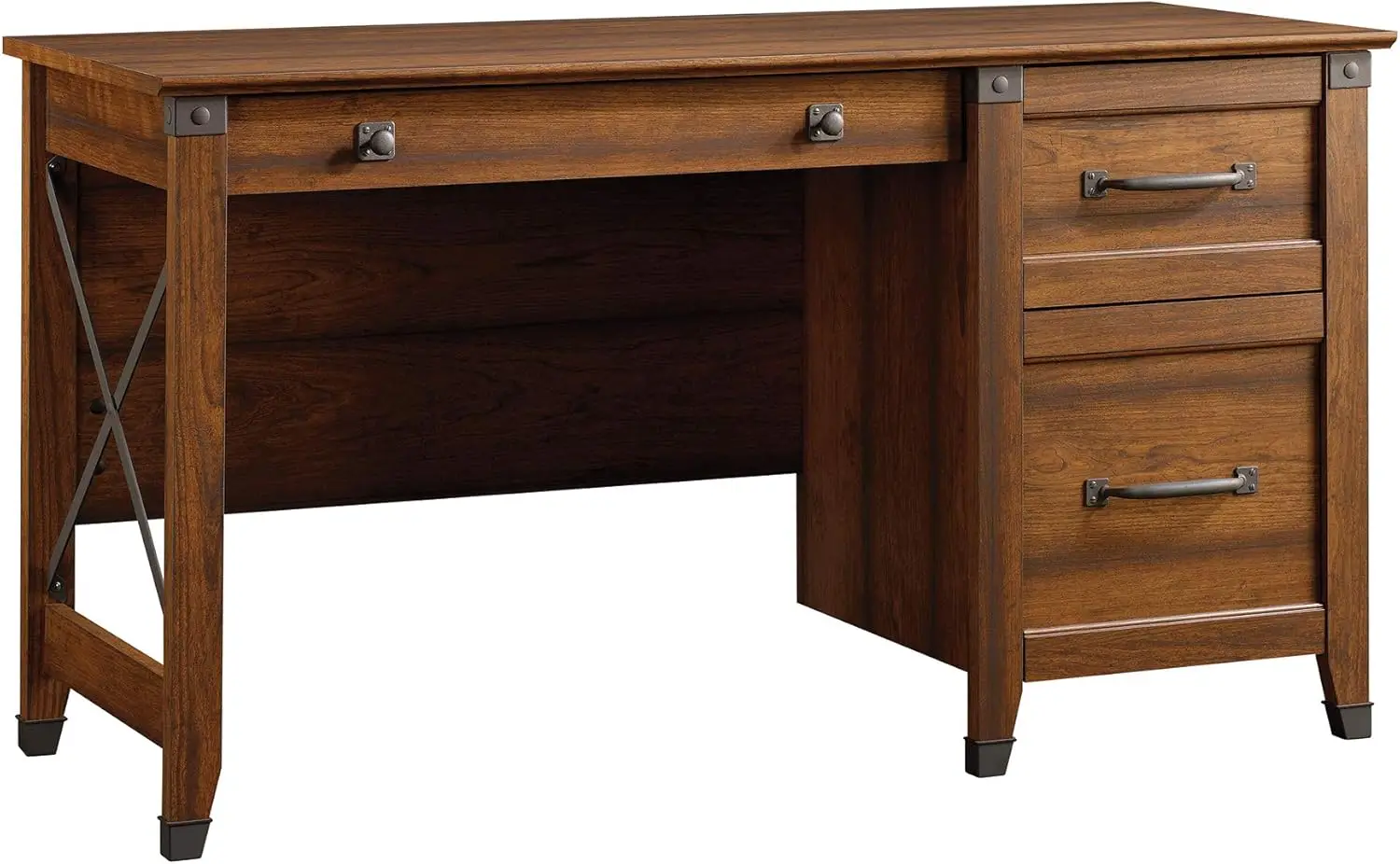 The computer desk has three drawers with metal rails and safety Wrought iron style hardware and accents