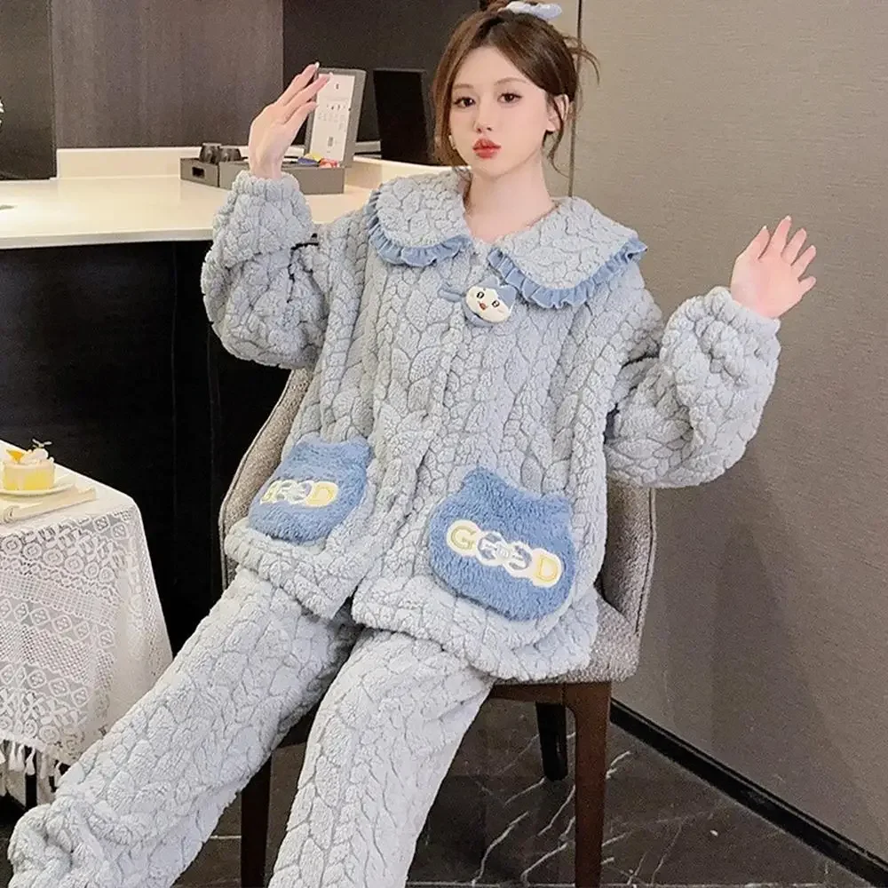 Hachiware Winter Large Size 2Pcs Plush Pajama Set Kuromi Sanrioed Women Anime Cartoon Thicken Warm Coral Fleece Home Clothes