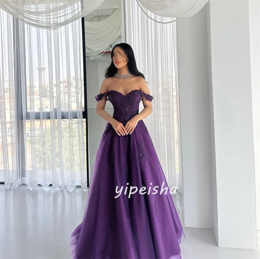 Индивидуальные высококачественные одинаковые тюлевые аппликации с бисером, длинные платья трапециевидной формы с открытыми плечами, модные платья на заказ