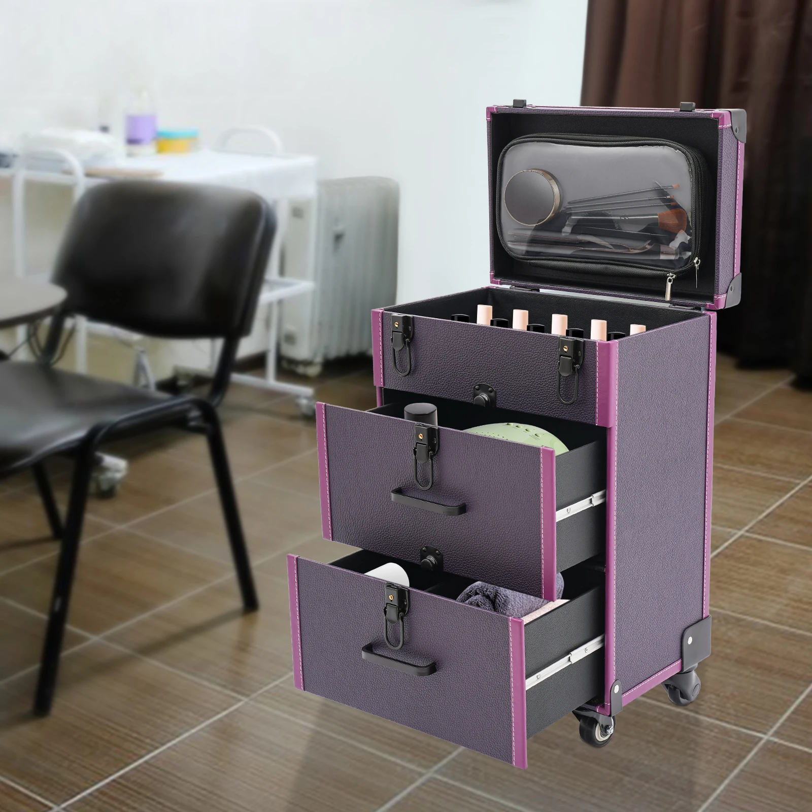 Large Capacity Makeup Train Case with 45 Slots, Removable Clear Bag, Two Drawers for Hair Tools, Silent Wheels and Telescopic