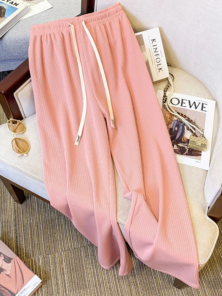 Calça feminina de cordão com elástico na cintura alta, plus size, branca, preta, rosa, tamanho grande, nova chegada, outono 2022