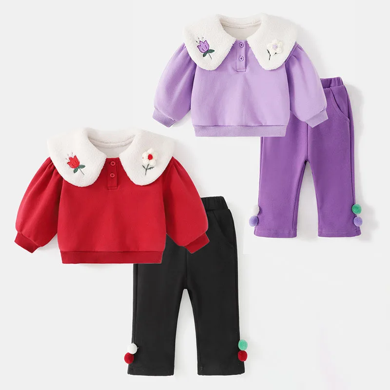 2023 Autumn Winter Children Clothing Sets For Girls Sweatshirts+Pants 2Pcs Suits Fleece Thicken Warm Toddler Baby Casual Outfits