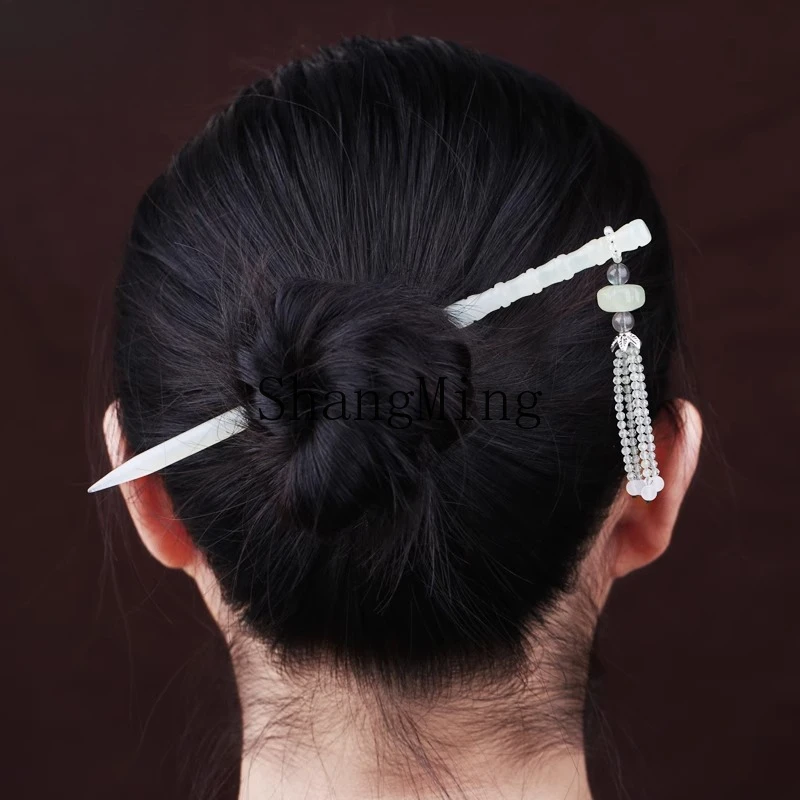 ZYH Yuzhu Festival Moisturizing Jade Tassel Hairpin Female Antique Hanfu Step Shake Hairpin Valentine's Day Gift