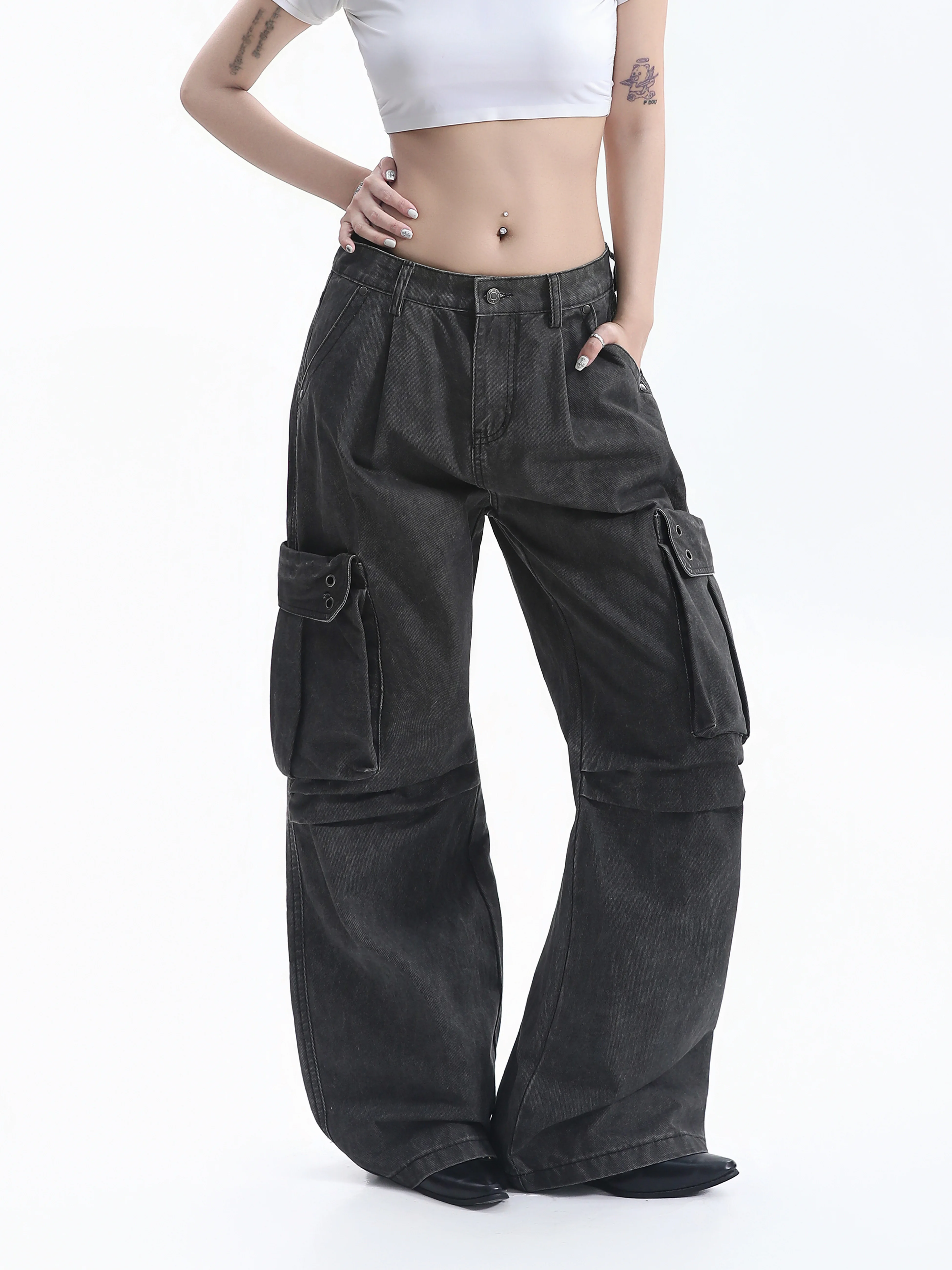 American Washed Vintage Wide Leg Workwear Pants Pocket Design Drapey Casual Trousers for Couples Loose Fit Straight Leg