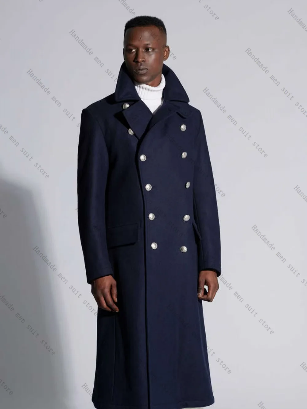 

Navy Blue Men Suit 1 Piece Long Cashmere Blazer Prom Wedding Tuxedos Overcoat Woolen Customized Formal Office Business Jacket