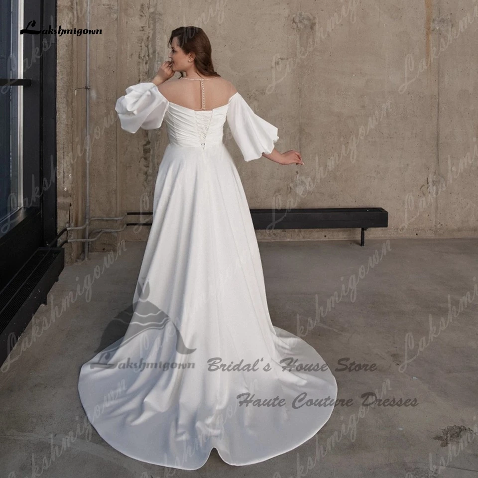 Lakshmigown modesto cetim nupcial a linha vestidos de casamento rendas até voltar 2023 plus size vestido de casamento feminino praia inchado meia mangas