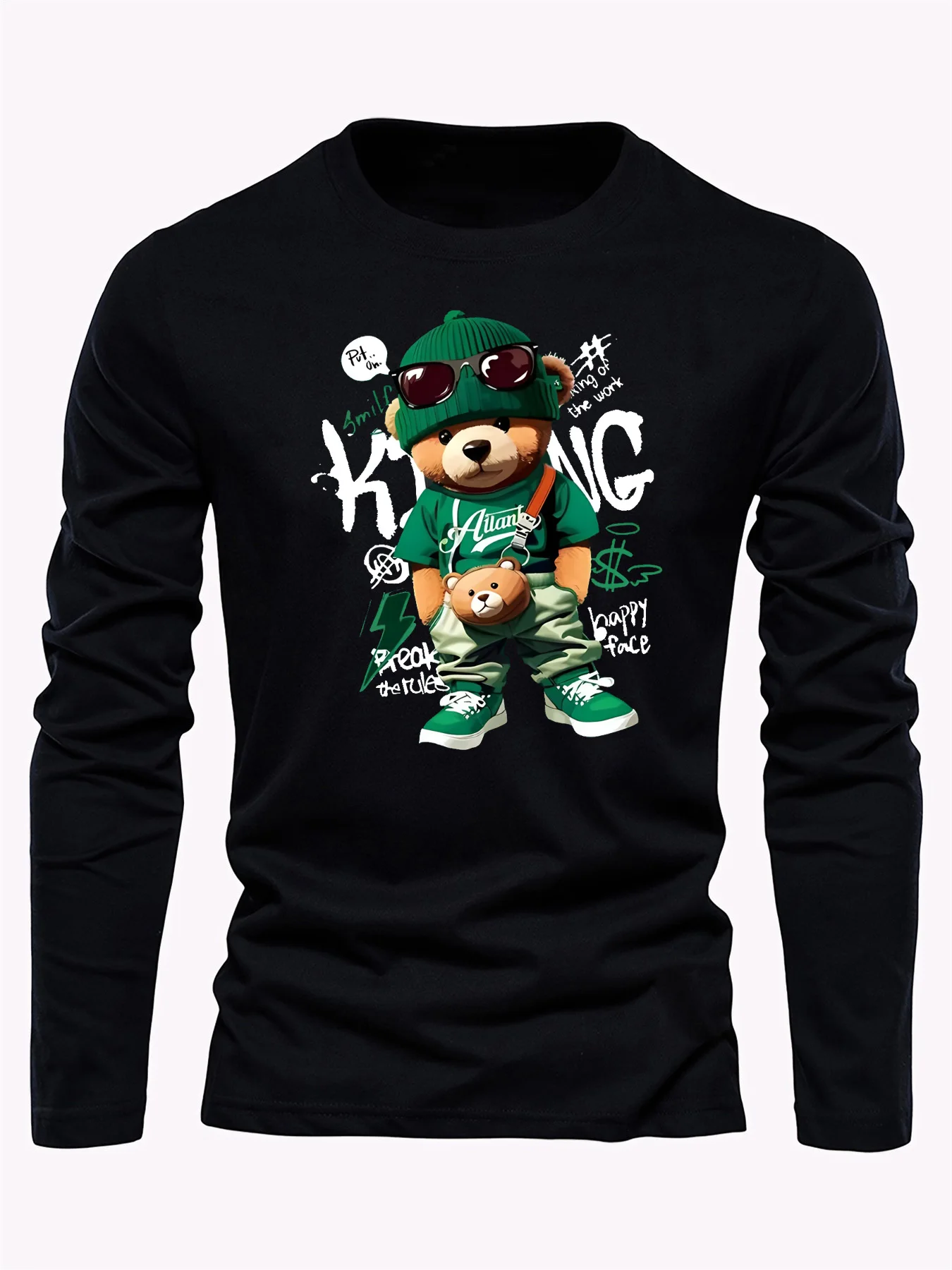 

Spring and autumn men's street comfortable sports casual fashion cartoon bear printed round neck long sleeved Daily T-shirt tops