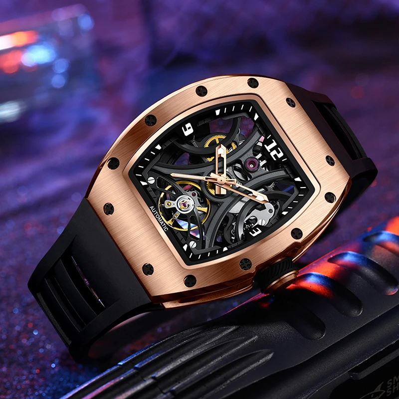 Luxury Fashion Custom Waterproof Rubber Watch Sports Shape Hollow Automatic Mechanical High End Barreling Watch