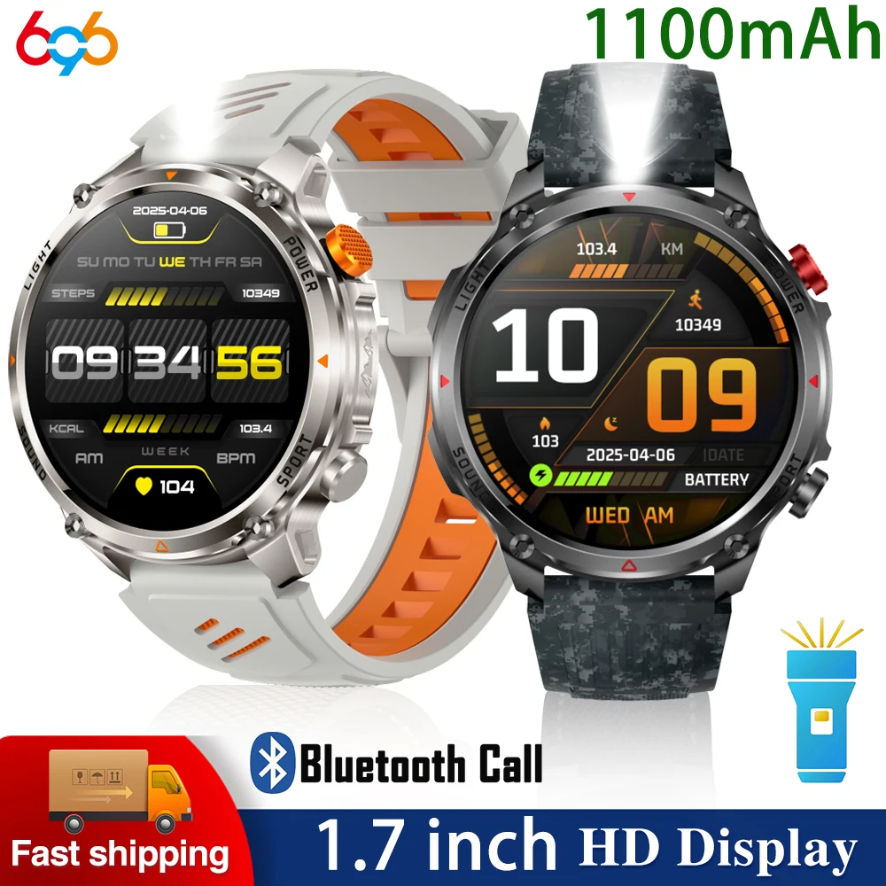 

100+ Sports Fitness Smart Watches Waterproof Men Outdoor BT Call Compass LED Flashlight 1100mAh Large Battery Smartwatch Health