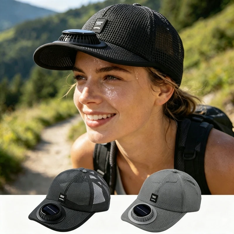 Solar Powered Fan Baseball Cap, Breathable Mesh UV‑Protection Sun Hat Rechargeable Cooling Hat for Men Women Outdoor Travel