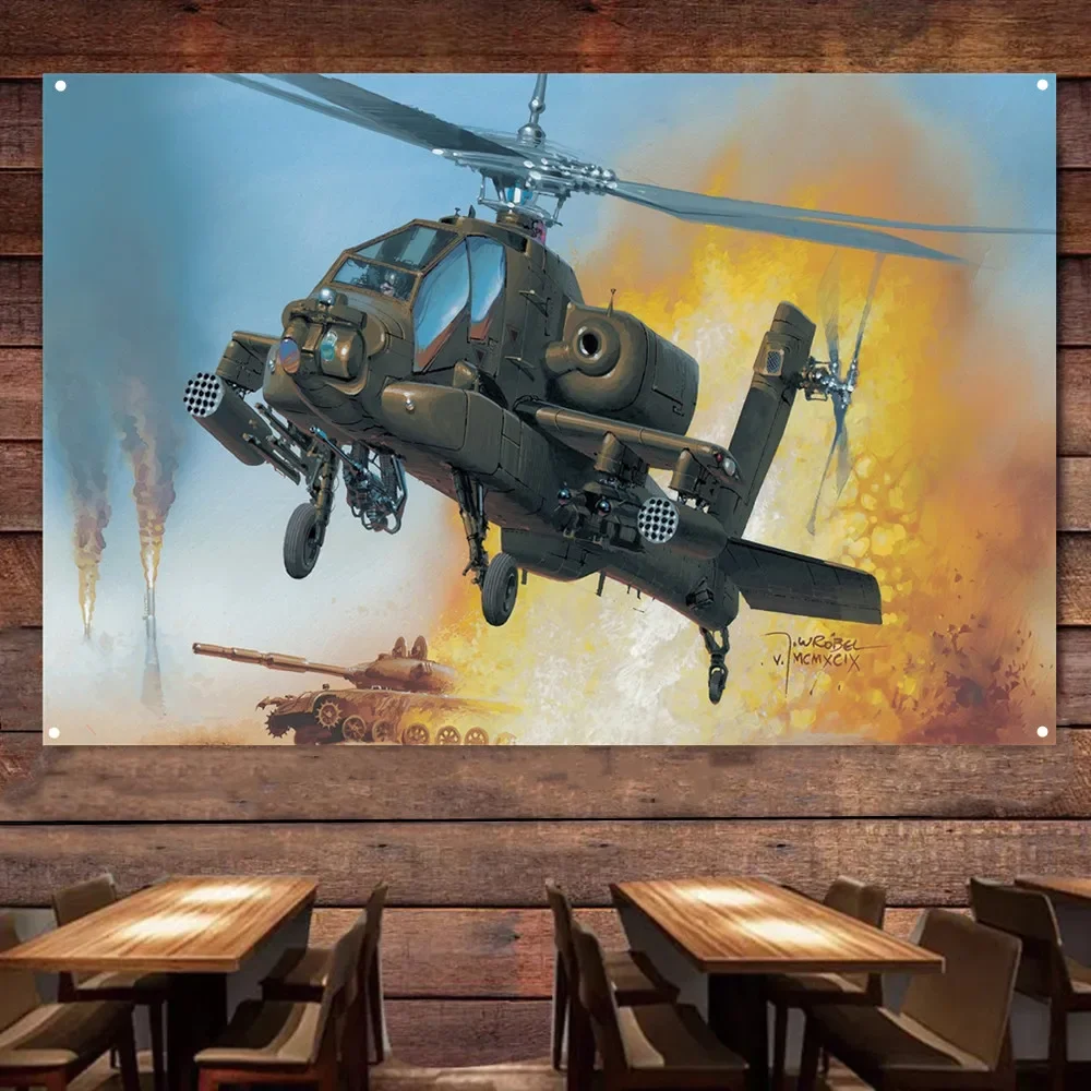 AH-64 Apache Attack Helicopter Picture Flag,  Air Force Wall Art Poster Artwork Banner With 4 Metal Ring Buckles Ready to Hang