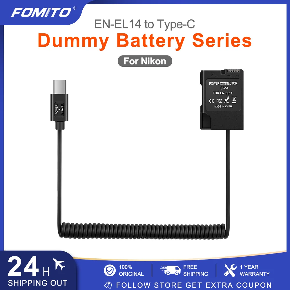 

Замена аккумулятора FOMITO EN-EL14 с кабелем адаптера питания типа C для Nikon D3100 D3200 D3300 D3400 D3500 D5100 D5200
