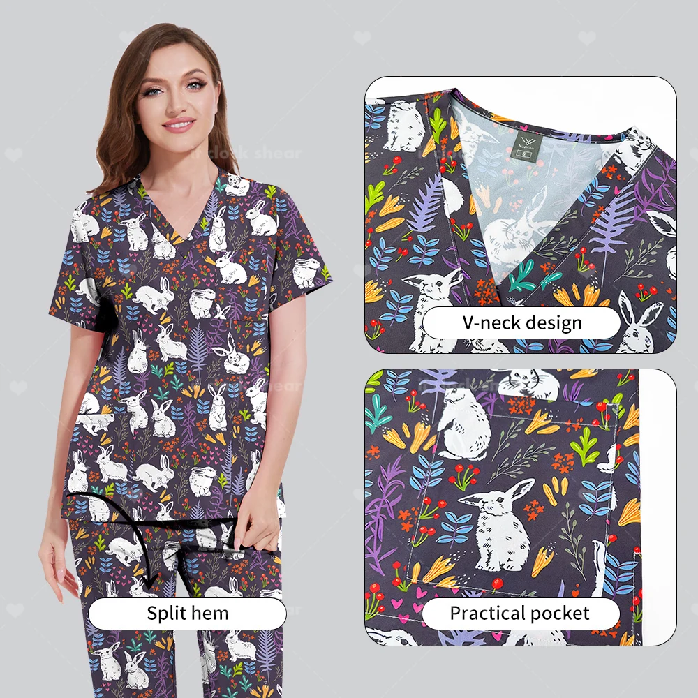 Surgical Uniforms Women Scrub Set Printed Medical Nurse Beauty Salon Workwear Doctor Nursing Clinical Scrubs Tops Pants Spa Suit