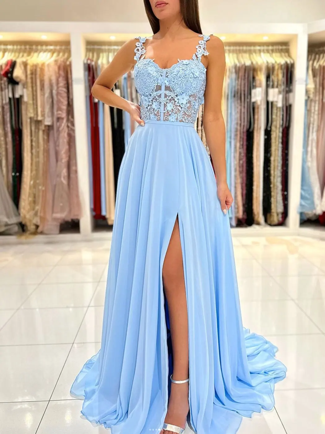 Robe de soirée trapèze en mousseline de soie bleue, tenue de Rhlongue, avec des appliques en dentelle, transparente, fête formelle, quel que soit, 2024