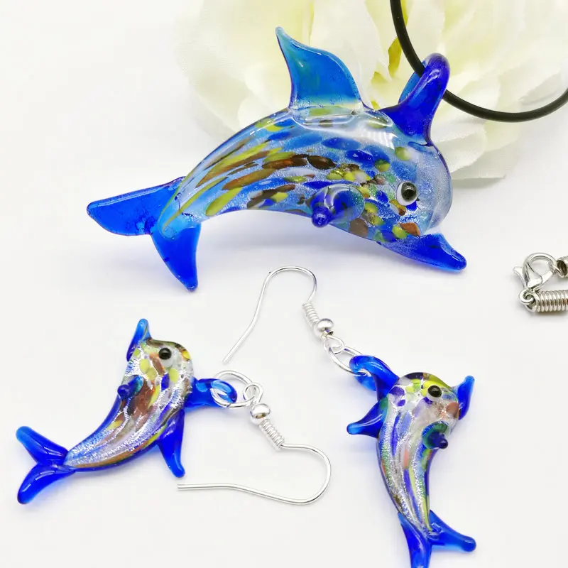 1Set Fashion Blue dolphin Shape Lampwork Pendant Necklace Earrings For Women Red Glass Murano Floral Cheap Items Jewelry Set