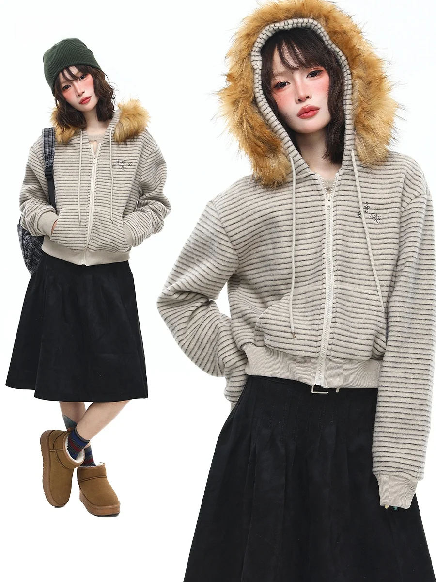 

Sanowers Vintage Striped Detachable Fur Collar Open Cardigan Hoodie Women's Spring Autumn Loose Versatile ort Outerwear