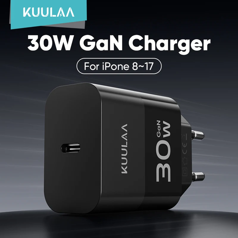 Carregador Rápido KUULAA Mini 30W Tipo C PD QC3.0 para iPhone 17 16 15 14 13 Pro Samsung S25 Xiaomi iPad