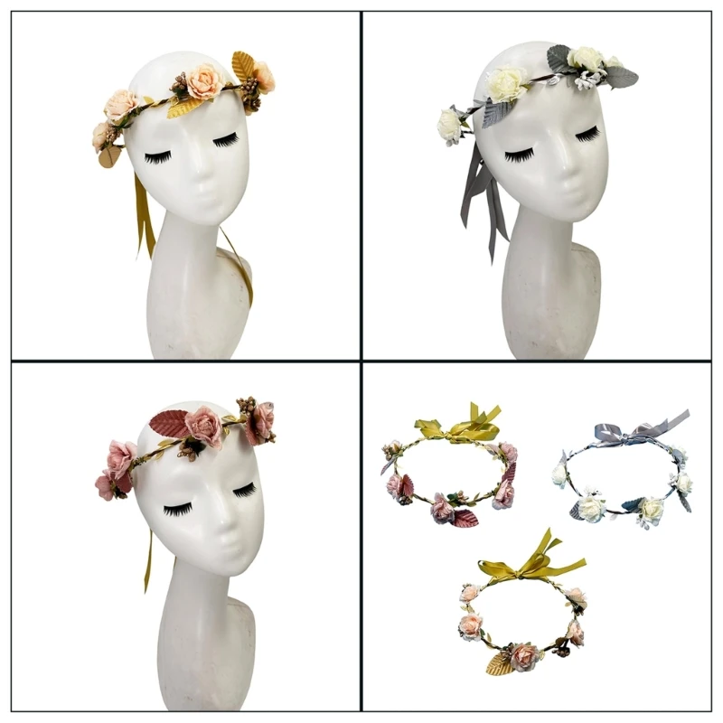 Women Elegant Rose Flower Headband with Adjustable Ribbon Wreath Crown Floral Wedding Hair Garland for Activities Party