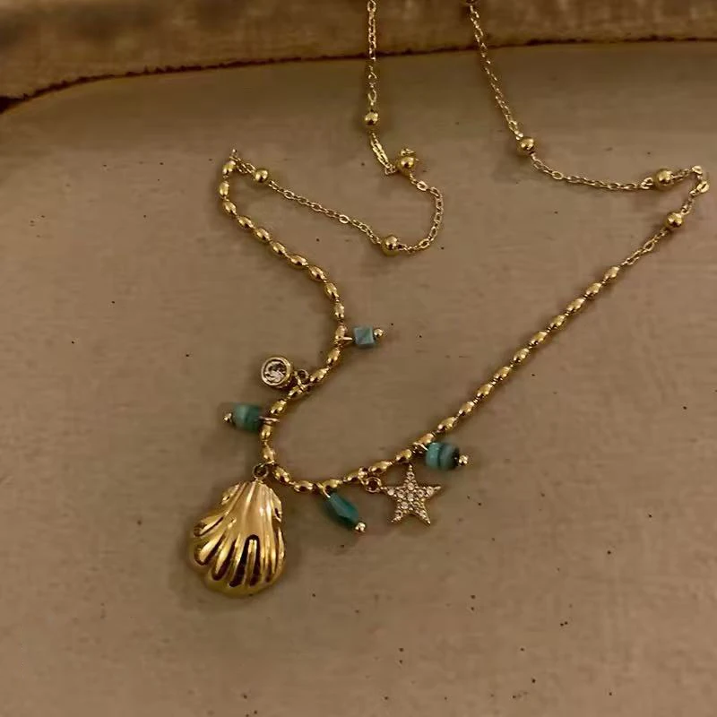 Sommerliche böhmische goldfarbene Anhänger-Halskette für Damen, Edelstahl, Meerjungfrauen-Schlüsselbeinkette, Schmuck-Accessoire, nicht verblassend, trendig – Detail 3