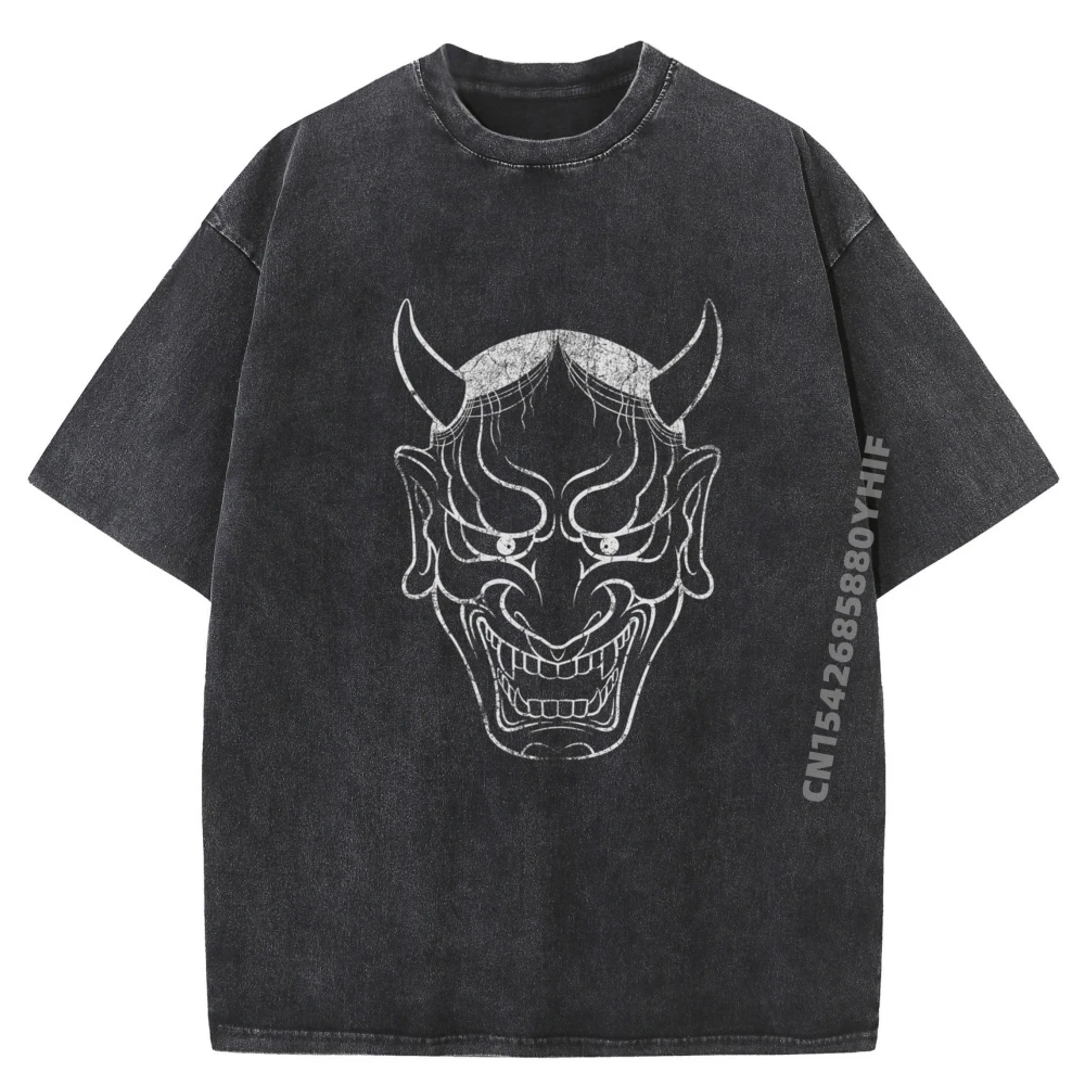 

Japanese Hannya Mask Black And White Fashion T Shirt Men Clothes Graphic Tees Men Washed Cotton Vintage Loose Fit Clothes