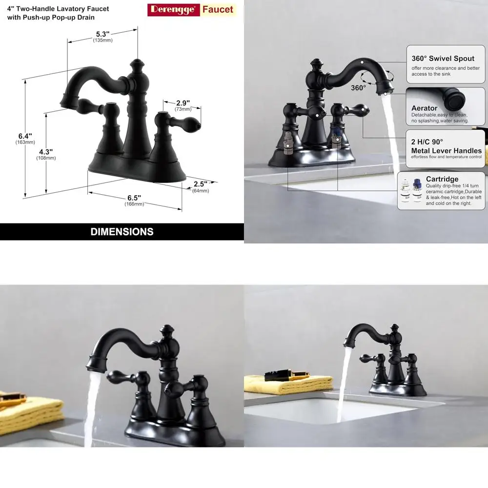 

Matte Black 3-Hole Bathroom Faucet with Upright Drain and 360° Swivel Spout