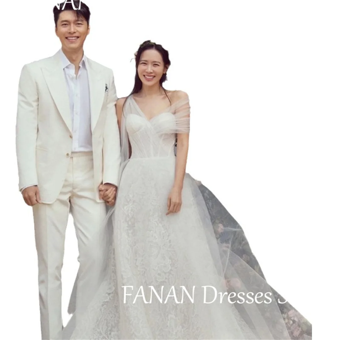 FANAN gaun pengantin renda Satu bahu A-Line Korea Dresses 드레레3/2014 berwarna gading lengan pendek gaun pengantin buatan kustom Tulle elegan ukuran ekstra besar