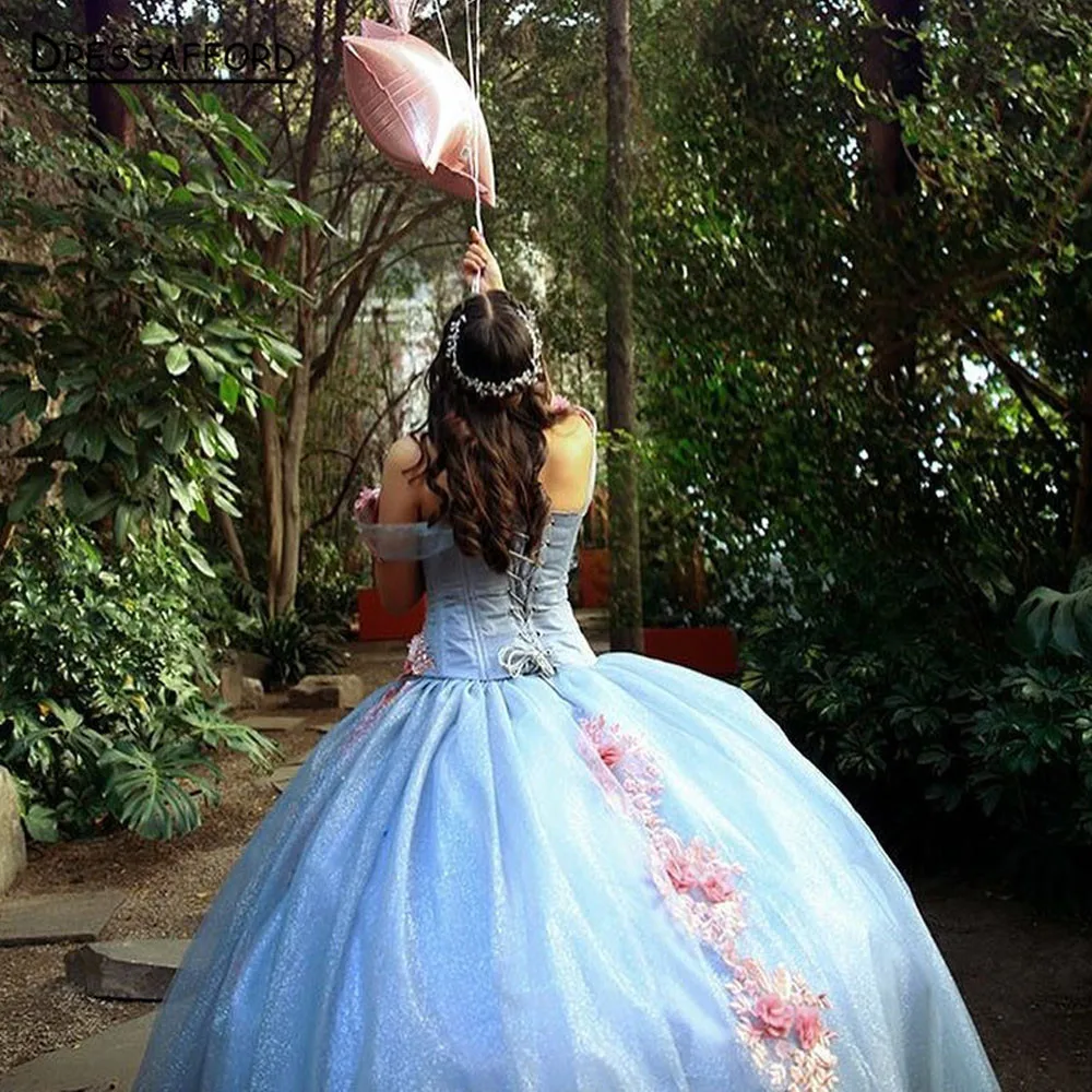 Céu Azul Fora Do Ombro Vestidos Quinceanera 2023 Sparkly Lace Ball Gown Sweet 16 Princess Dress Gala Vestido De 15 Anos