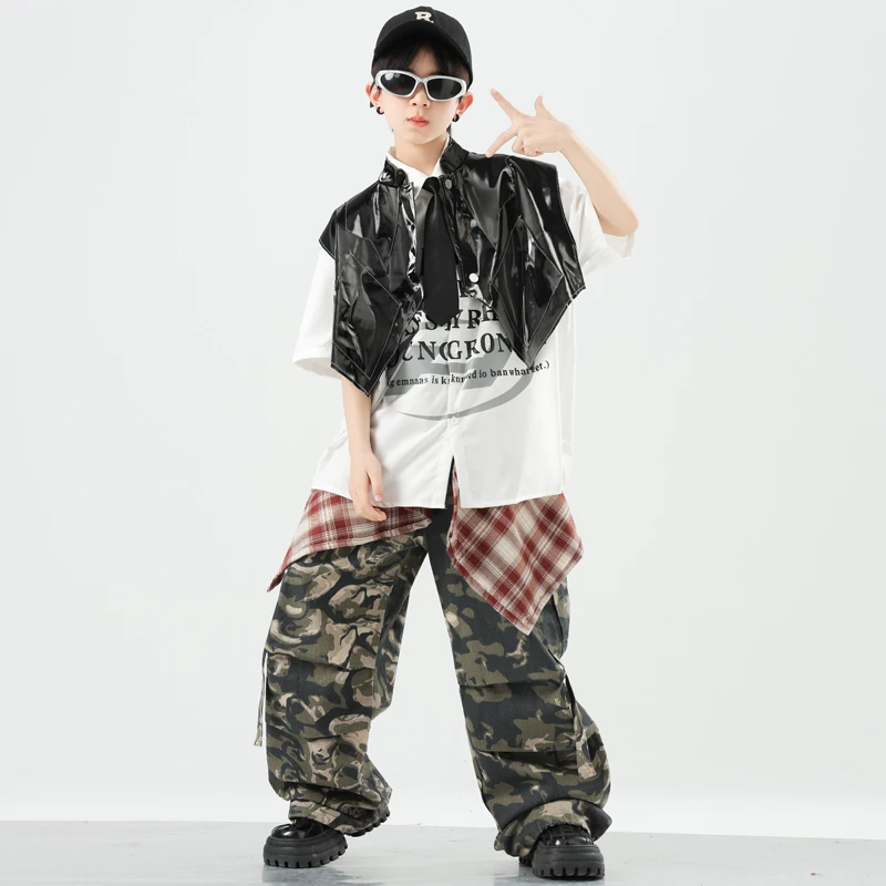 Jungen K-pop Street Dance Polo T-shirt Pu Weste Cargo Hosen Mädchen Hip Hop Camo Jogger Kinder Kleidung Sets kinder Jazz Streetwear
