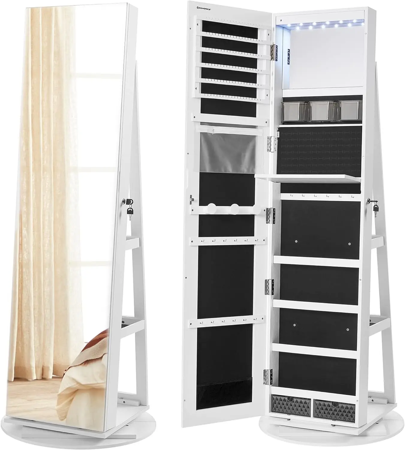 

6 LEDs Lockable Mirror Jewelry Cabinet, 360° Swivel Jewelry Organizer, Standing Jewelry Armoire, Frameless Full-Length