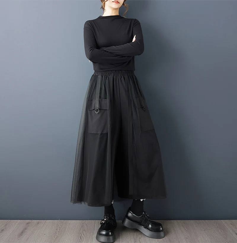 Patchwork Mesh Green Vintage High Waist Wide Leg Pants Women New Spring Autumn Casual Loose Trousers Fashion Streetwear 2026