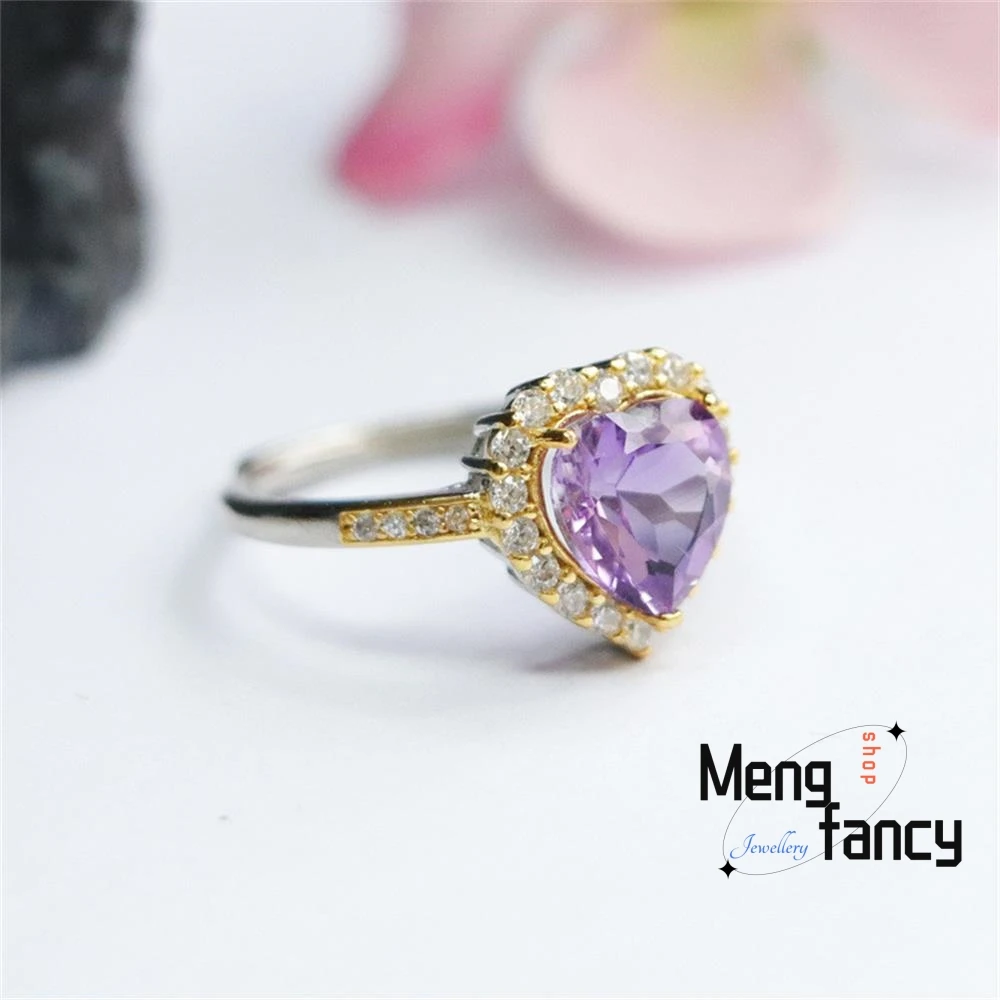 Natural S925 Silver Amethyst Cordate Exquisite Elegant Adjustable Ring Exquisite High-grade Couple Promise Fashion Fine Jewelry