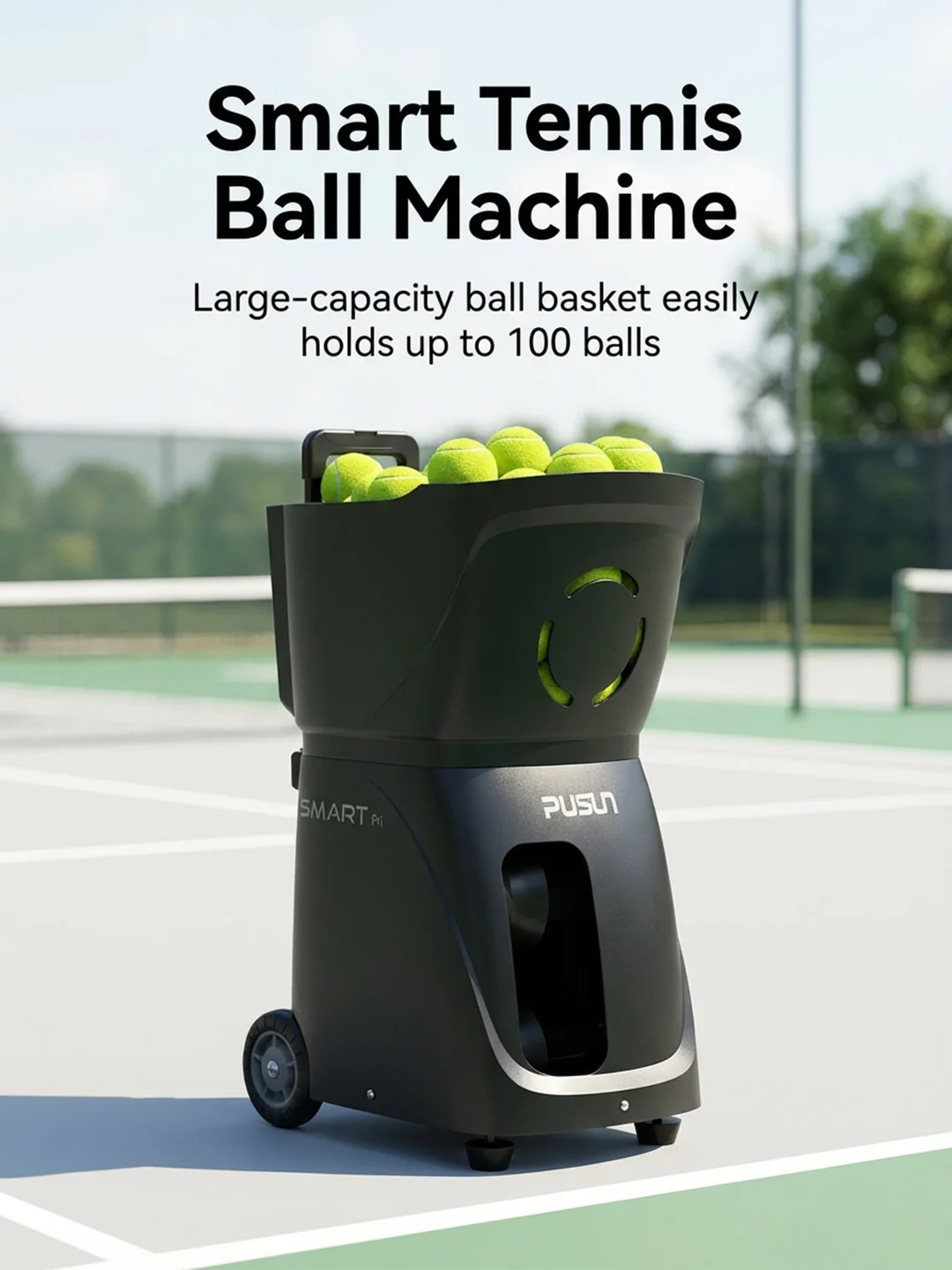PUSUN PT-SMART PRI Tennis Launcher Machine With APP Control Portable Tennis Robot 100 Balls Capacity For Tennis Court Training