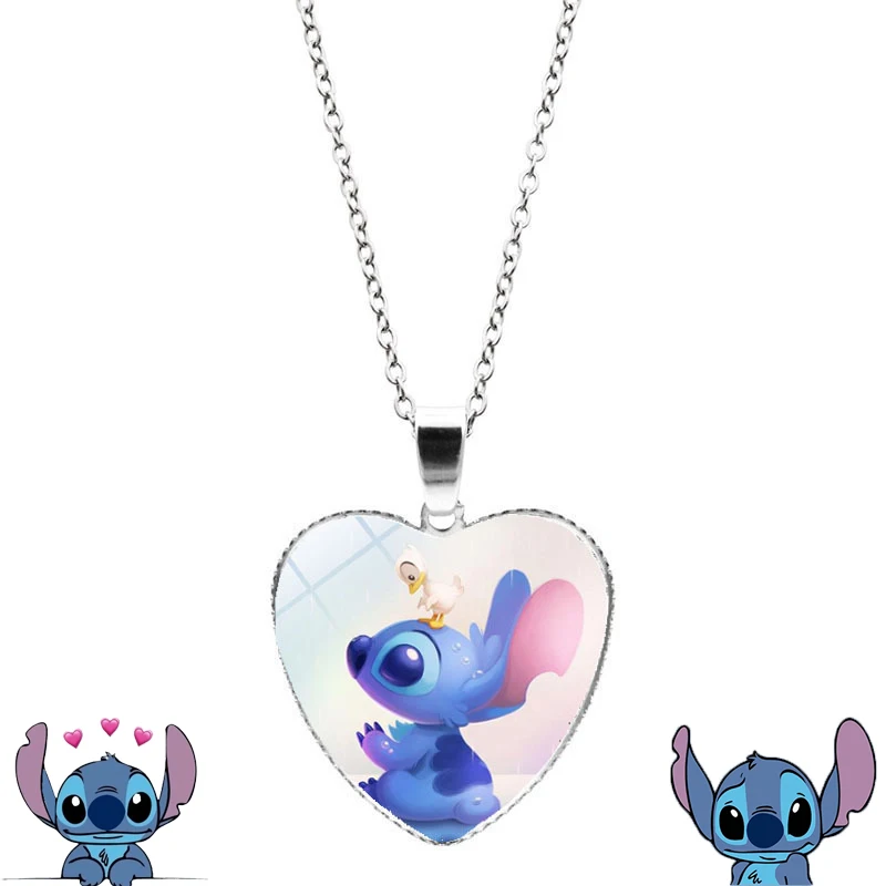 Disney Anime Lilo & Stitch Heart Necklace Photo Printed Glass Pendant Angel Necklace Decoration Kdis Holiday Gifts