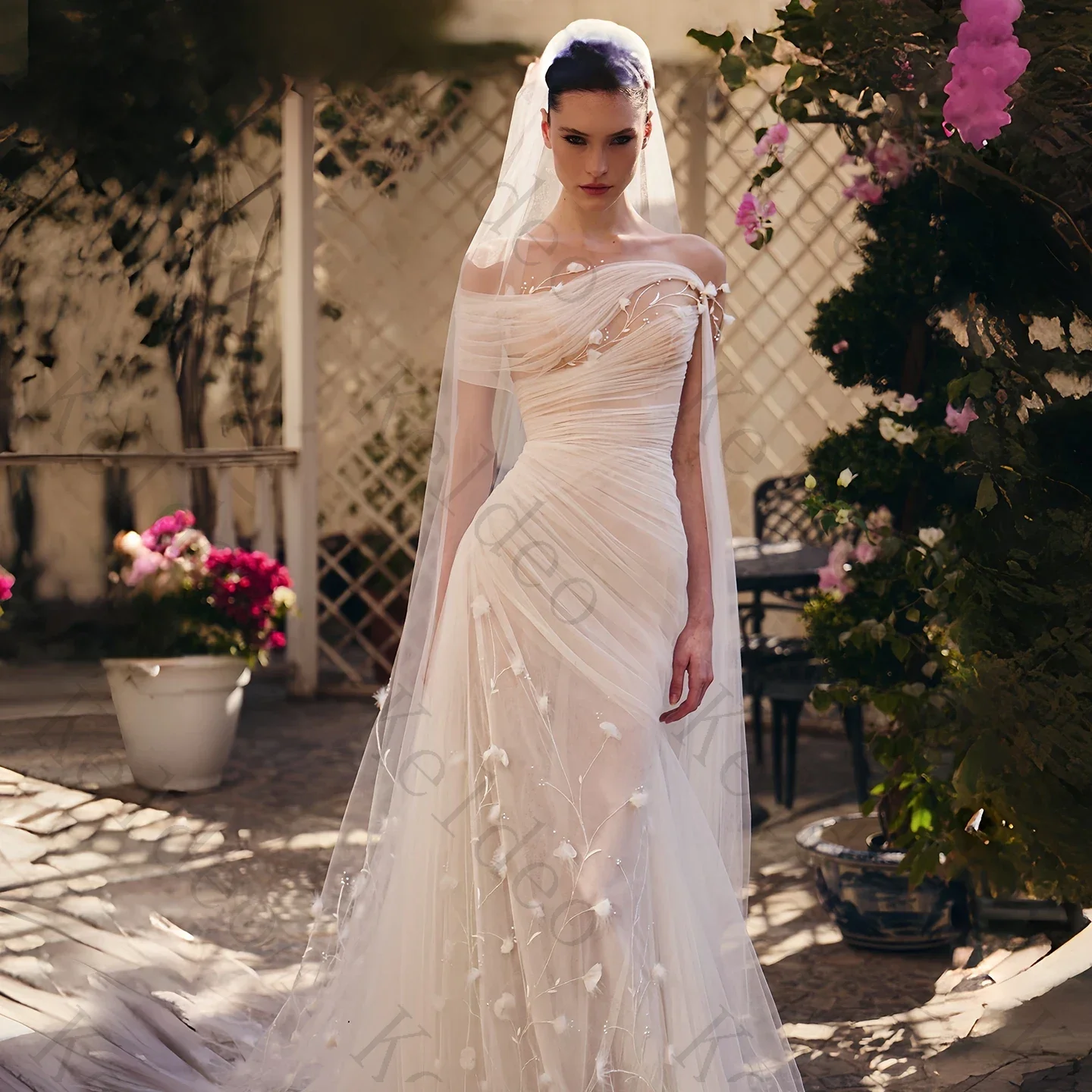Customized Strapless Mermaid Sleeveless Wedding Dresses Off the Shoulder 3D Florals Feather Tulle pleated Open back Bridal Gowns
