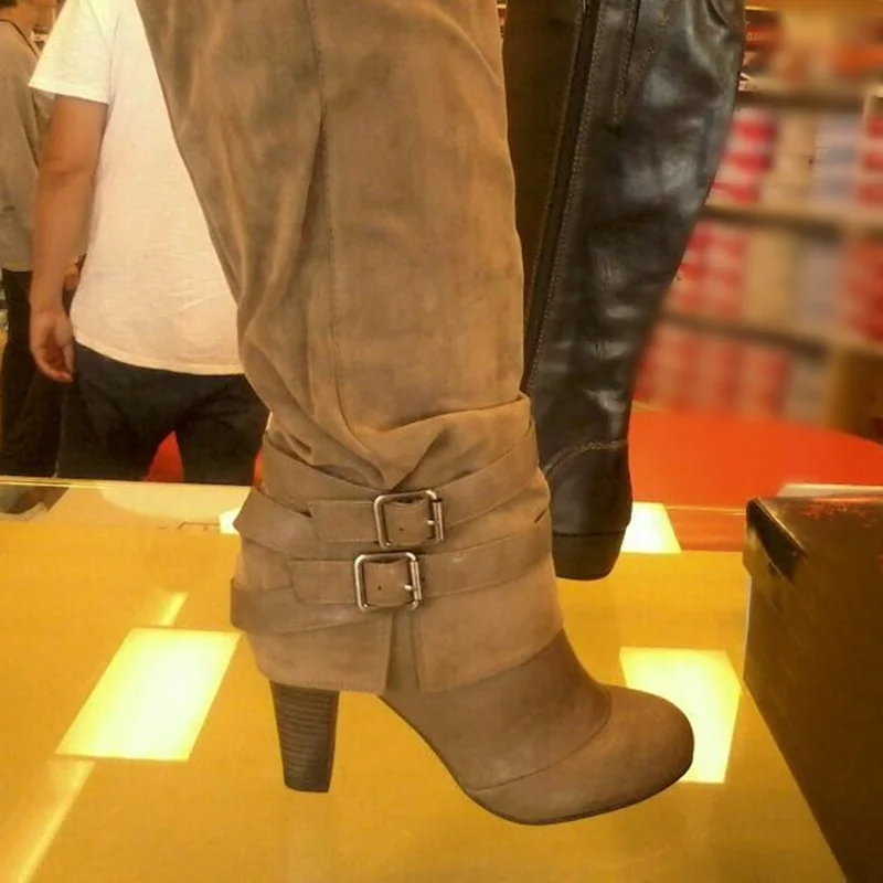 Brown Buckle Knee High Matte Boots Round Toe Chunky Heel Fashion Sexy Cool Winter Big Size 2025 Woman Shoes Zapatillas Mujer