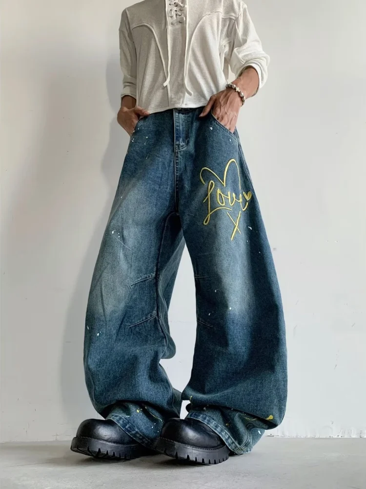 2026 Cyber Y2K Fashion Letter Embroidery Wide Leg Baggy Jeans Pants Men For Clothing Ink Painting Denim Trousers Pantalon Homme