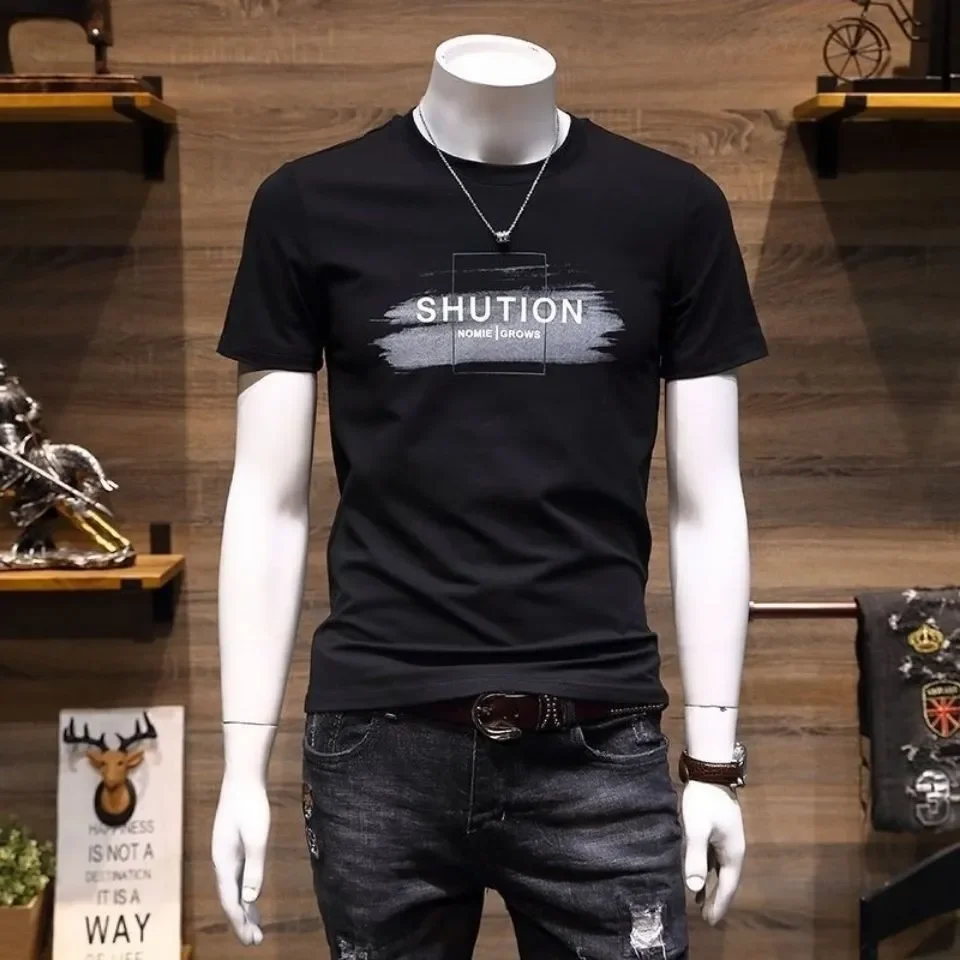 Men's Casual Short Sleeve Round Neck T Shirt with Letter Print White Cotton Blend Tee for Daily Wear Summer