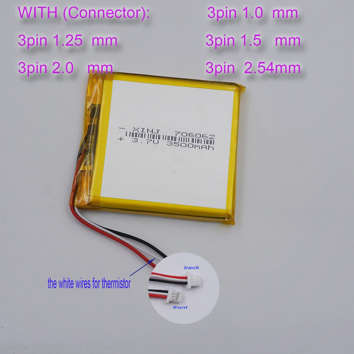 

3.7V 3500mAh 706062 Thermistor NTC 3-Wires Li-Polymer Li Lithium Battery 3Pin 1.0/1.25/1.5/2.54mm JST Plug For DashCam Tablet PC