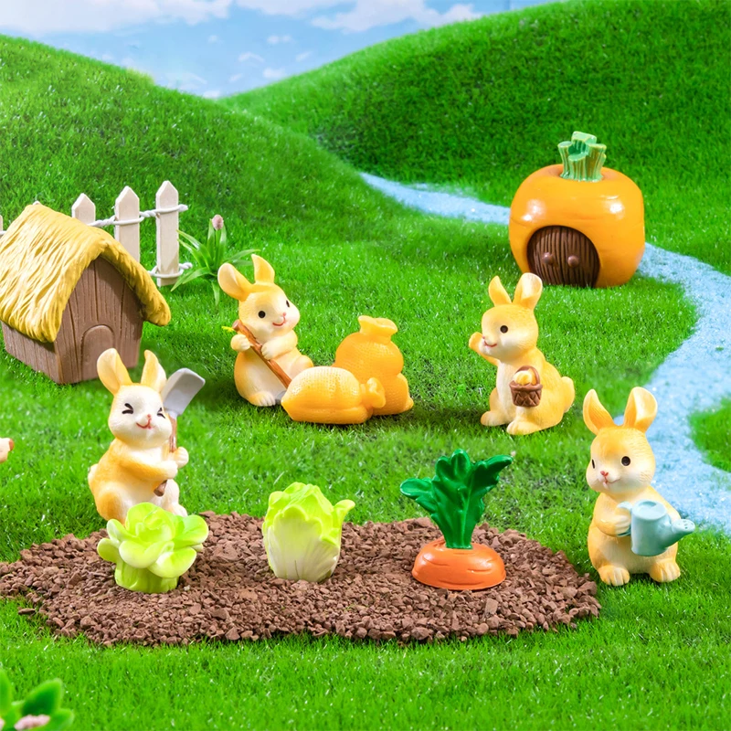 1/4Pcs Farm Pastoral Rabbit Figurine Micro Landscape Ornaments Resin Bunny Animal Dollhouse Desktop Fairy Garden DIY Home Decor