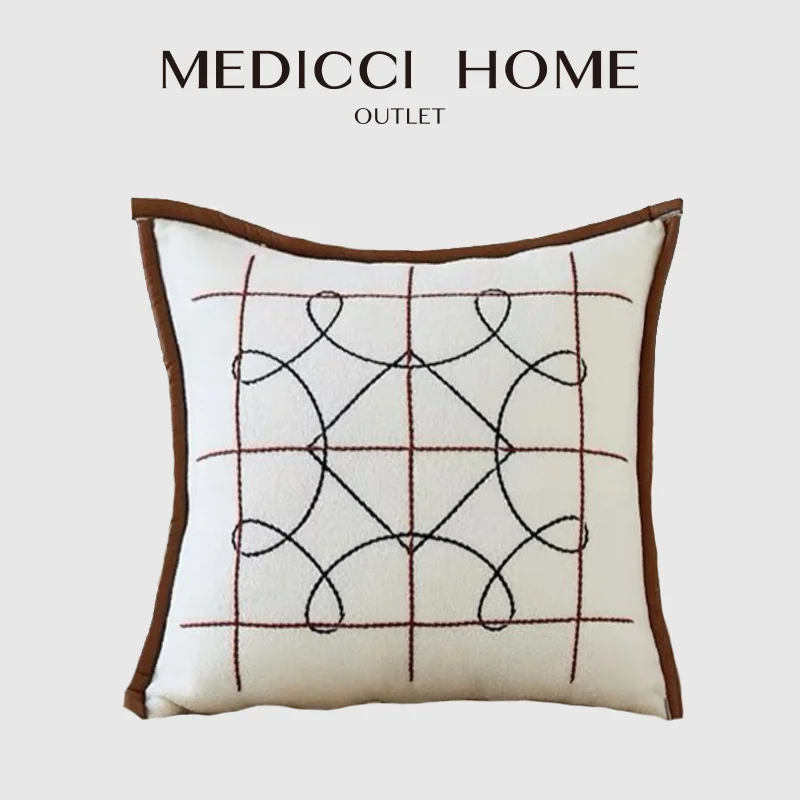 Medicci Home White Cushion Cover Modern Minimalist Lines Embroidery PU Leather Decorative Square Pillow Case Luxury Coussins