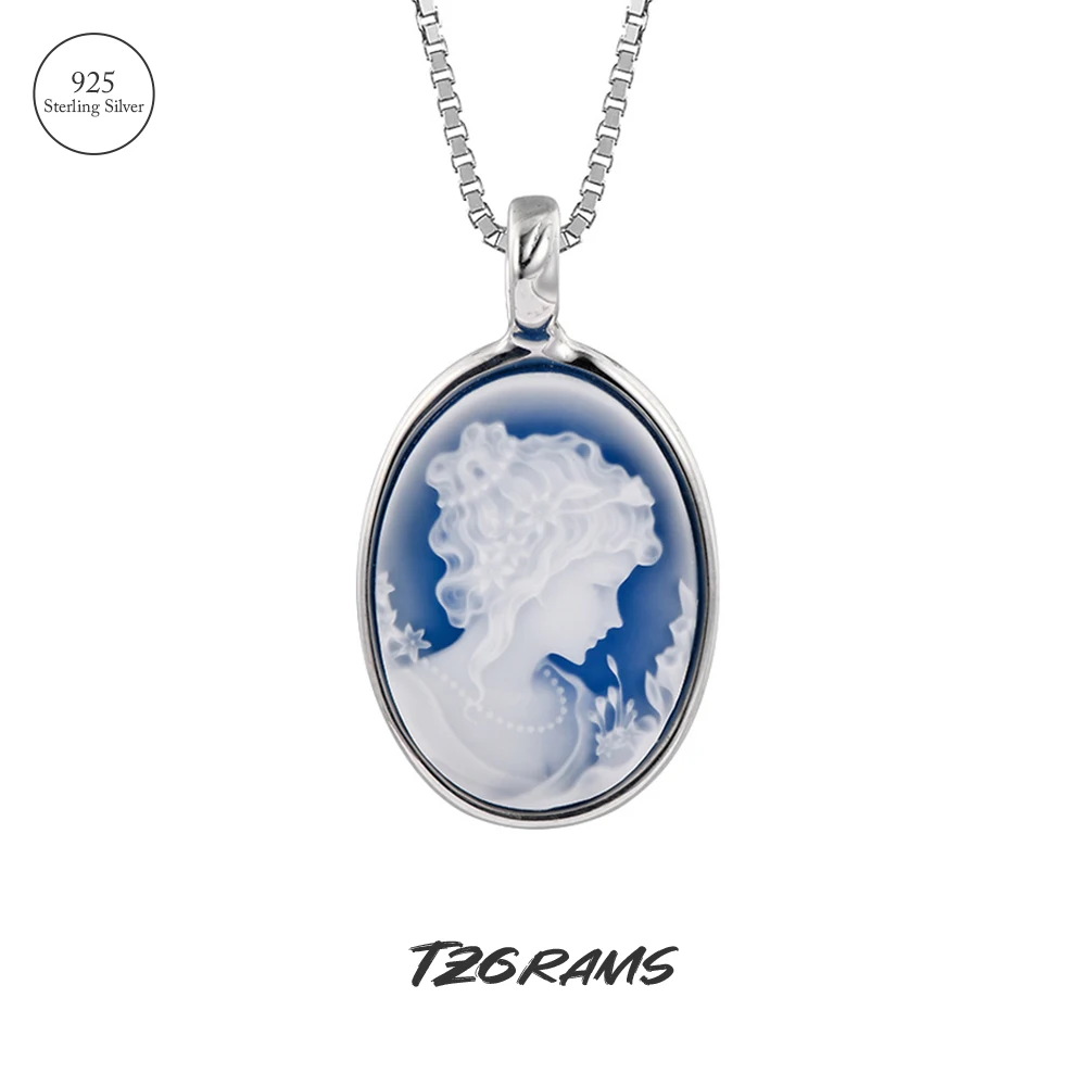 TZgrams Natural Blue Agate Pendant Necklace Vintage Oval Cameo Face S925 Sterling Silver Large Pendant for Women French Jewelry